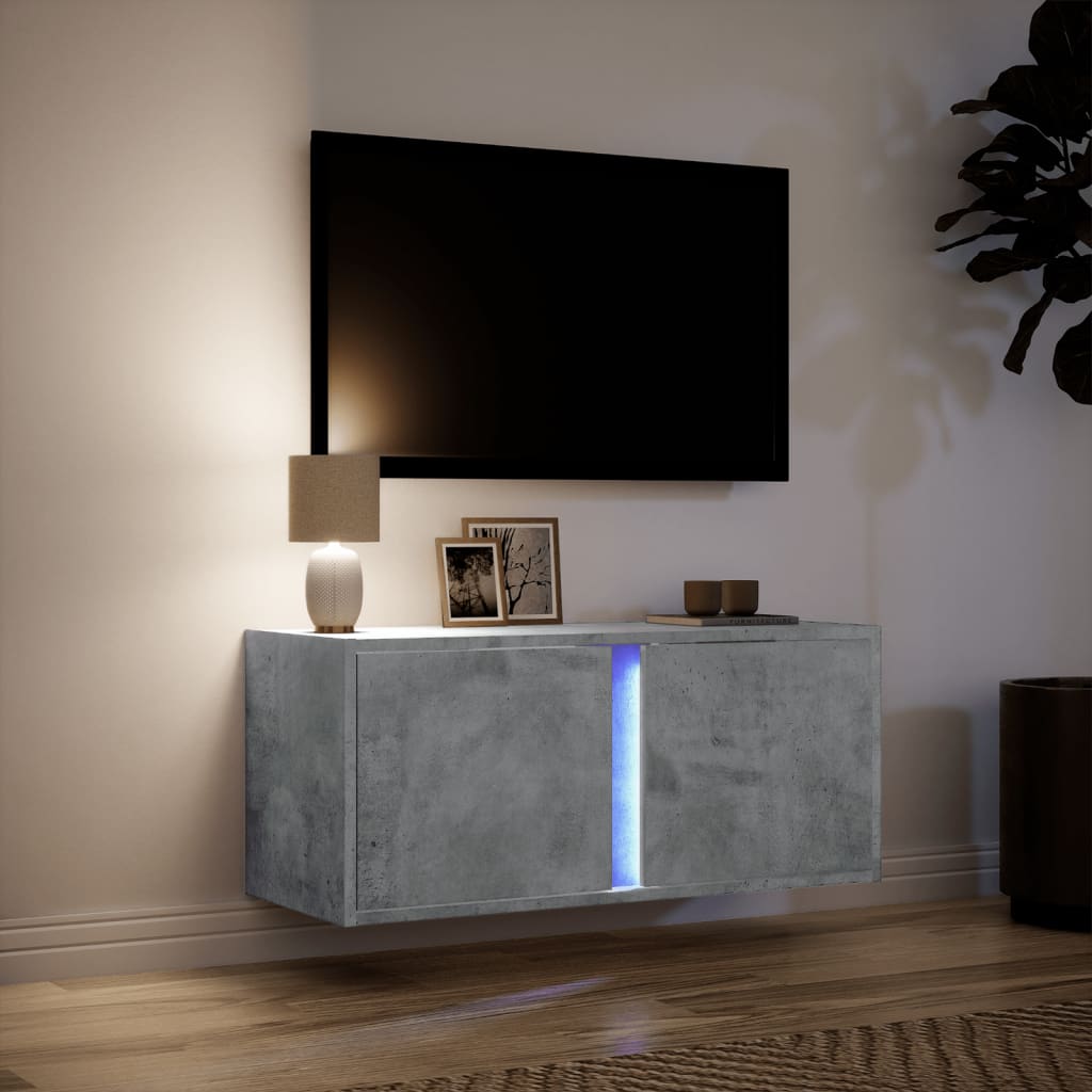 Meuble TV mural avec éclairage LED gris béton 80x31x35 cm