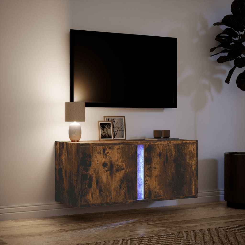 Meuble TV mural avec éclairage LED chêne fumé 80x31x35 cm