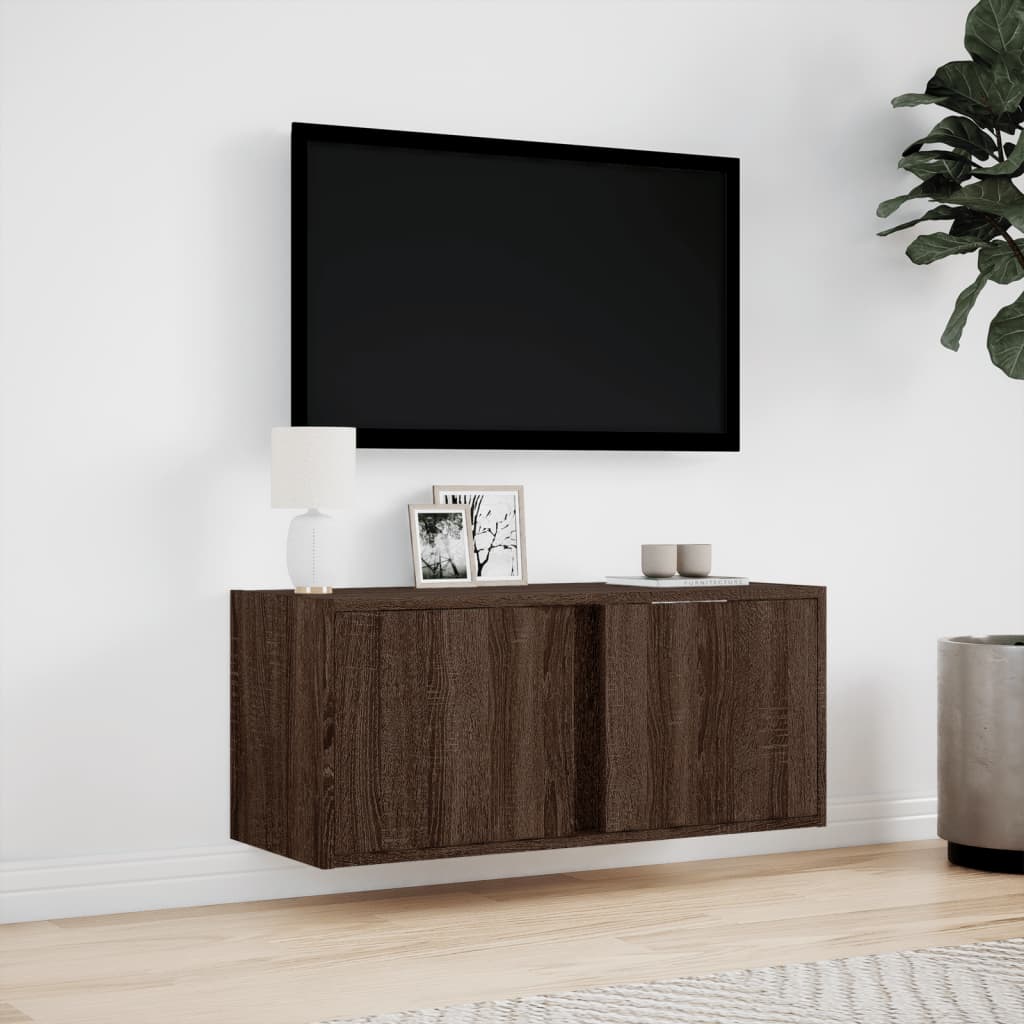 Meuble TV mural avec éclairage LED aspect chêne 80x31x35 cm