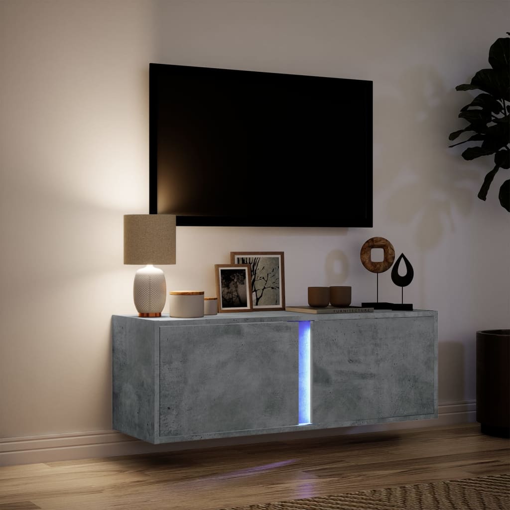 Meuble TV mural avec éclairage LED gris béton 100x31x35 cm