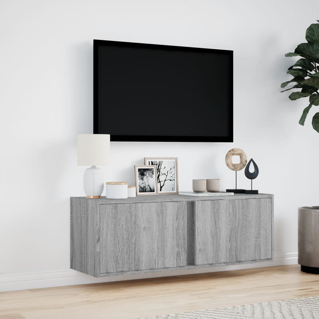 Meuble TV mural avec éclairage LED Gris Sonoma 100x31x35 cm