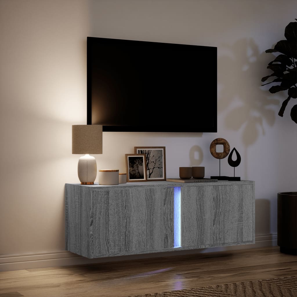 Meuble TV mural avec éclairage LED Gris Sonoma 100x31x35 cm