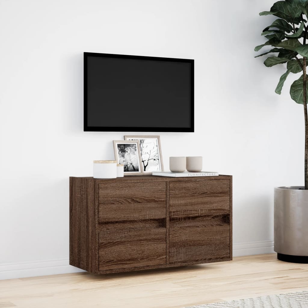 Meuble TV mural avec éclairage LED aspect chêne marron 80x31x45cm