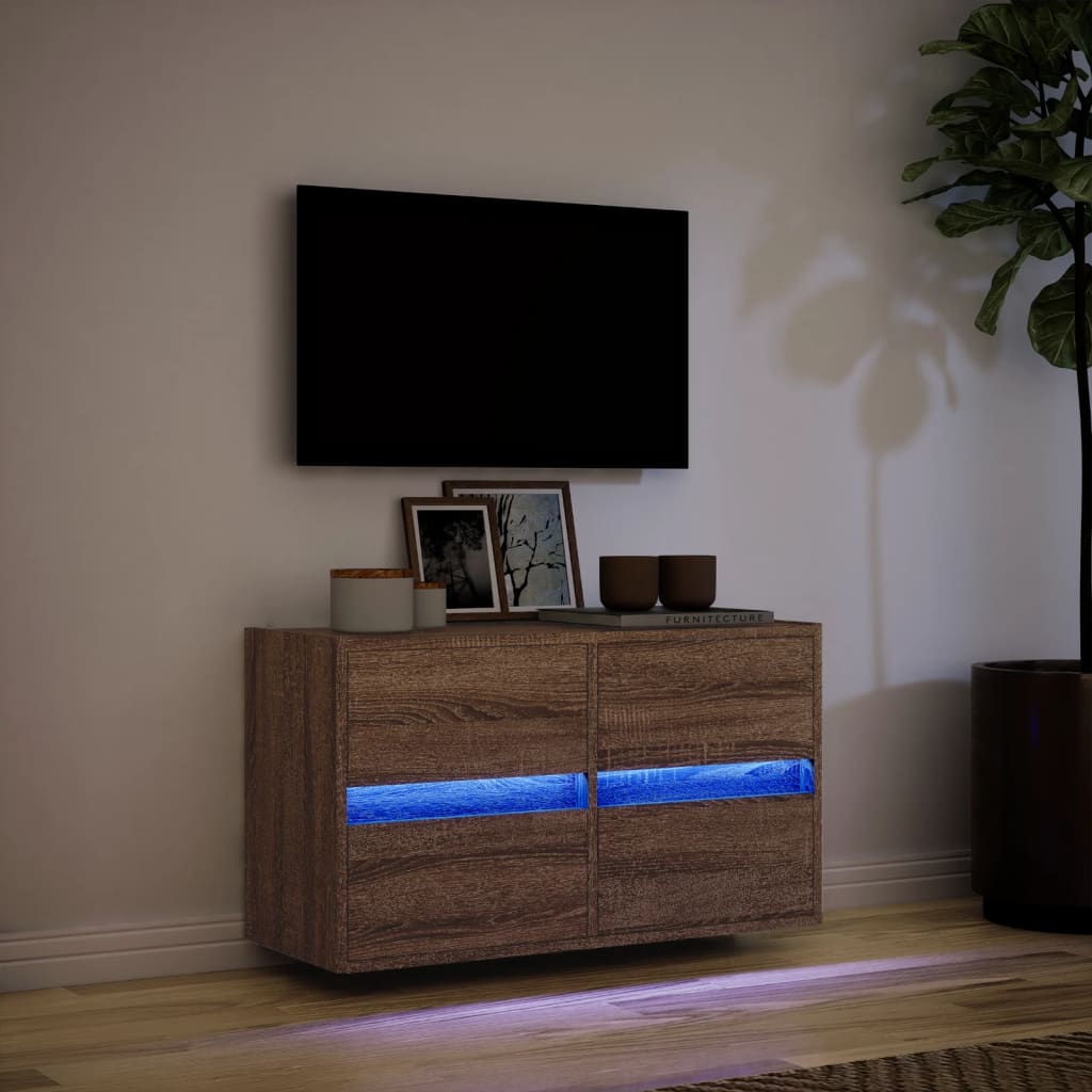 Meuble TV mural avec éclairage LED aspect chêne marron 80x31x45cm