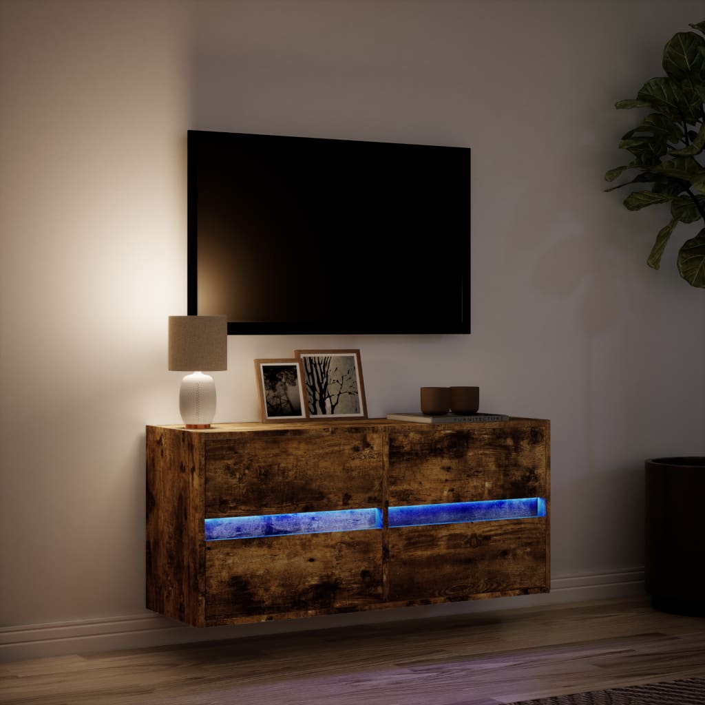 Meuble TV mural avec éclairage LED chêne fumé 100x31x45 cm