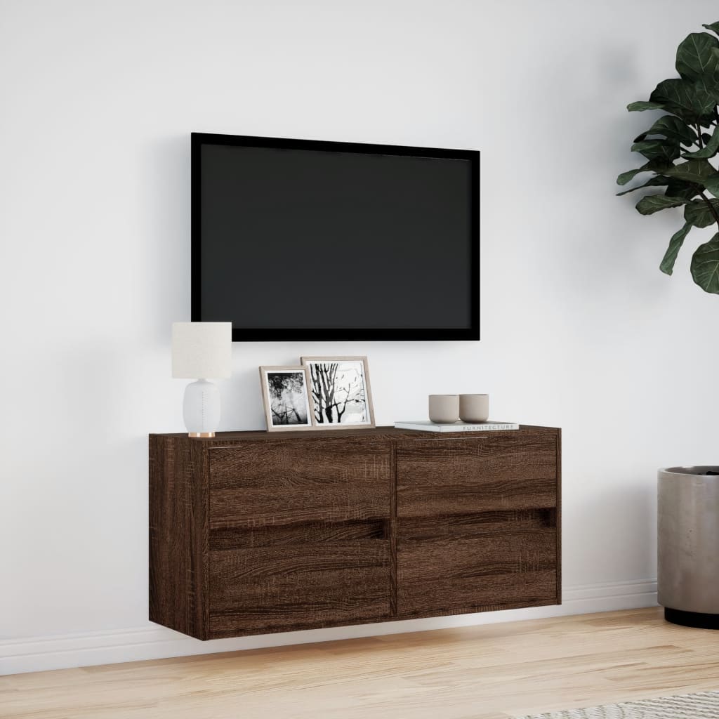 Meuble TV mural éclairage LED aspect chêne marron 100x31x45 cm