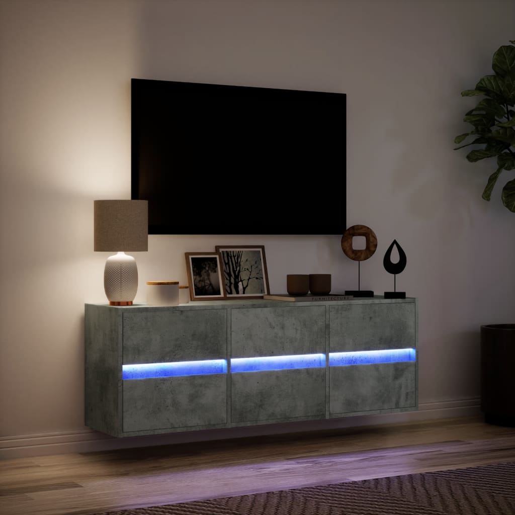 Meuble TV mural avec éclairage LED gris béton 130x31x45 cm