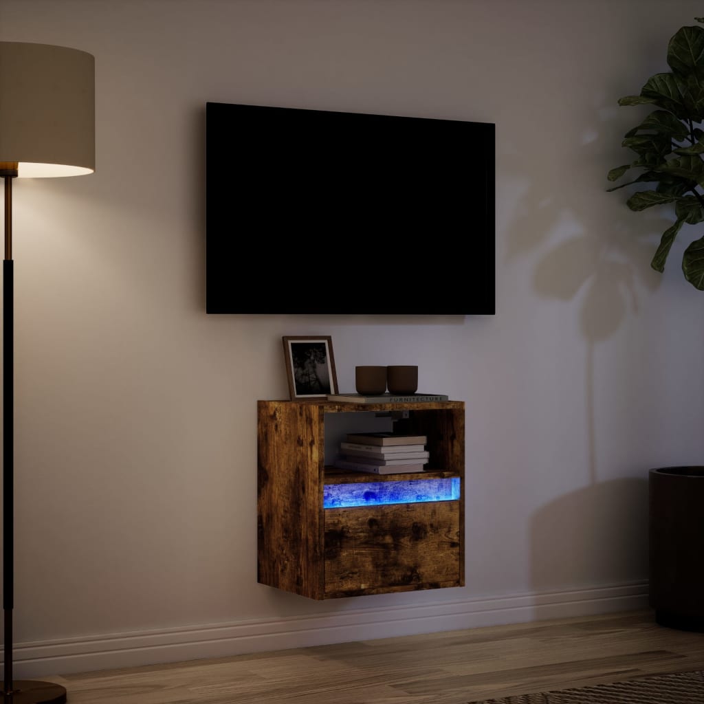 Meuble TV mural avec éclairage LED chêne fumé 41x31x45 cm