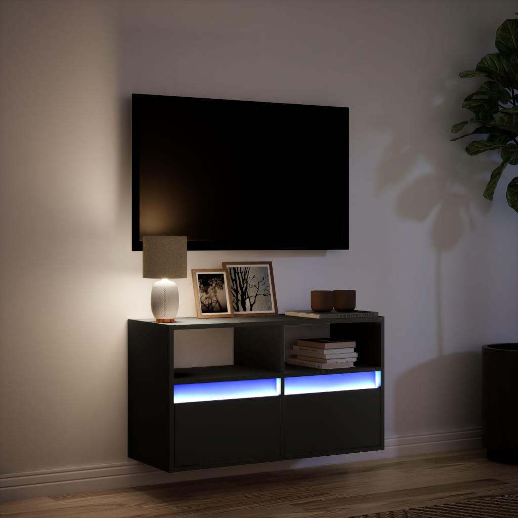 Meuble TV mural avec éclairage LED noir 80x31x45 cm