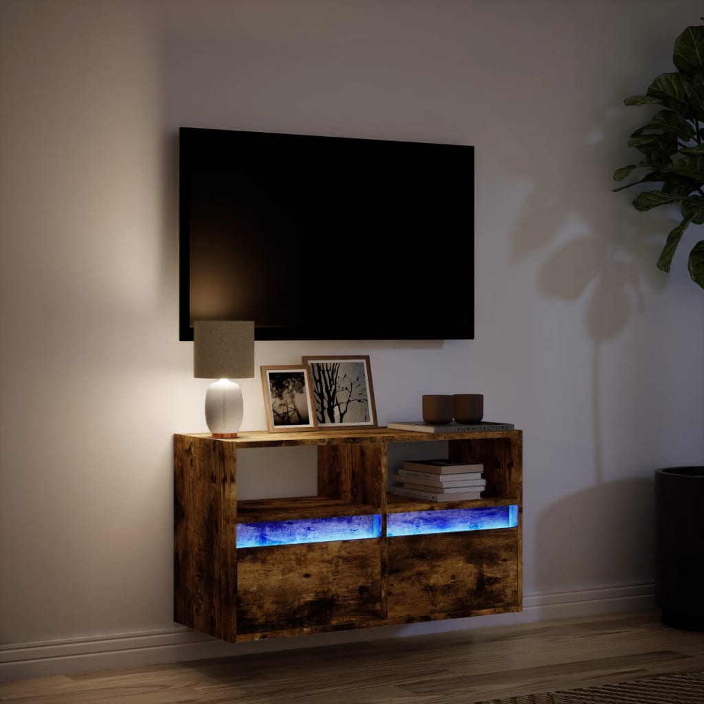 Meuble TV mural avec éclairage LED chêne fumé 80x31x45 cm