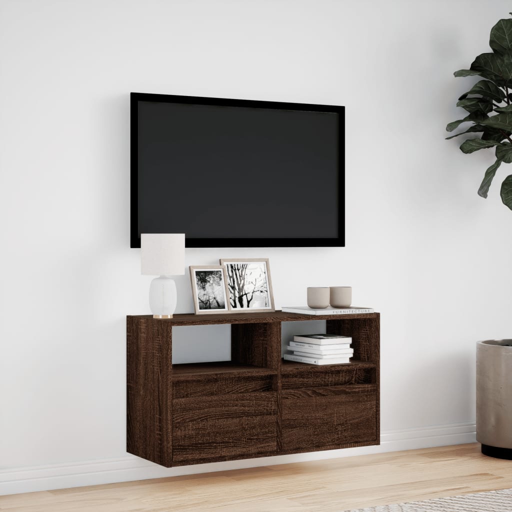 Meuble TV mural avec éclairage LED aspect chêne marron 80x31x45cm