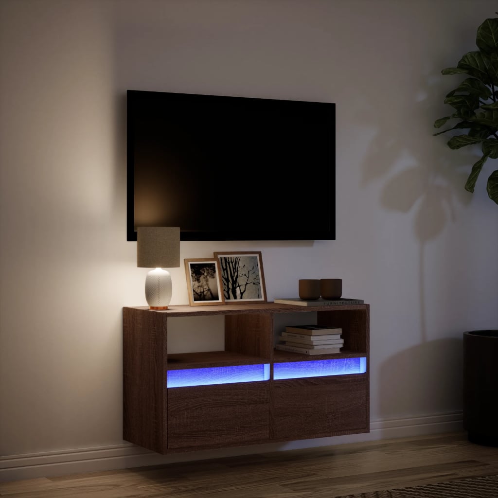 Meuble TV mural avec éclairage LED aspect chêne marron 80x31x45cm