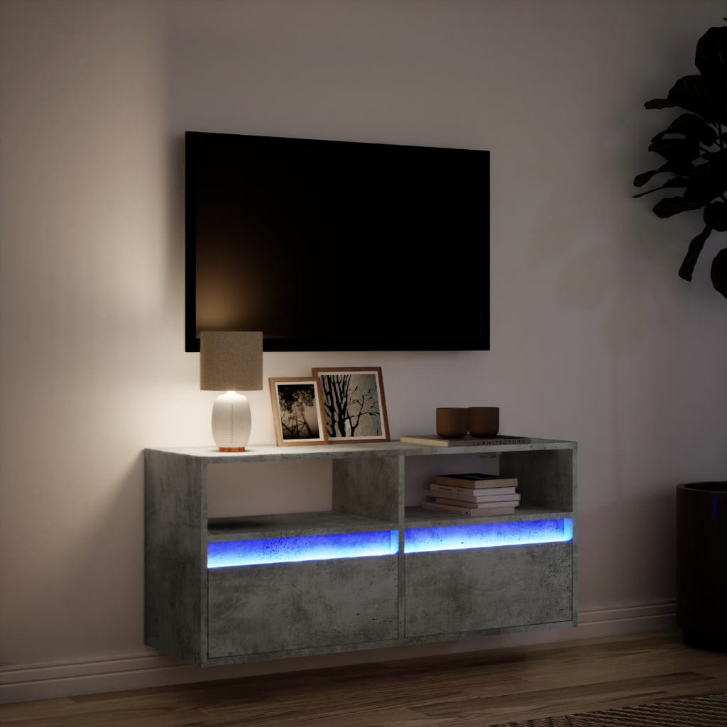 Meuble TV mural avec éclairage LED gris béton 100x31x45 cm