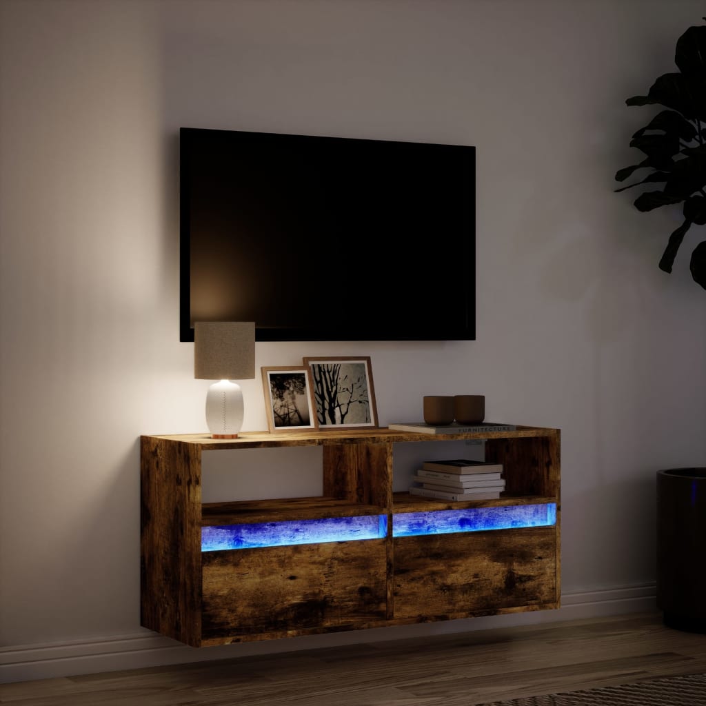 Meuble TV mural avec éclairage LED chêne fumé 100x31x45 cm