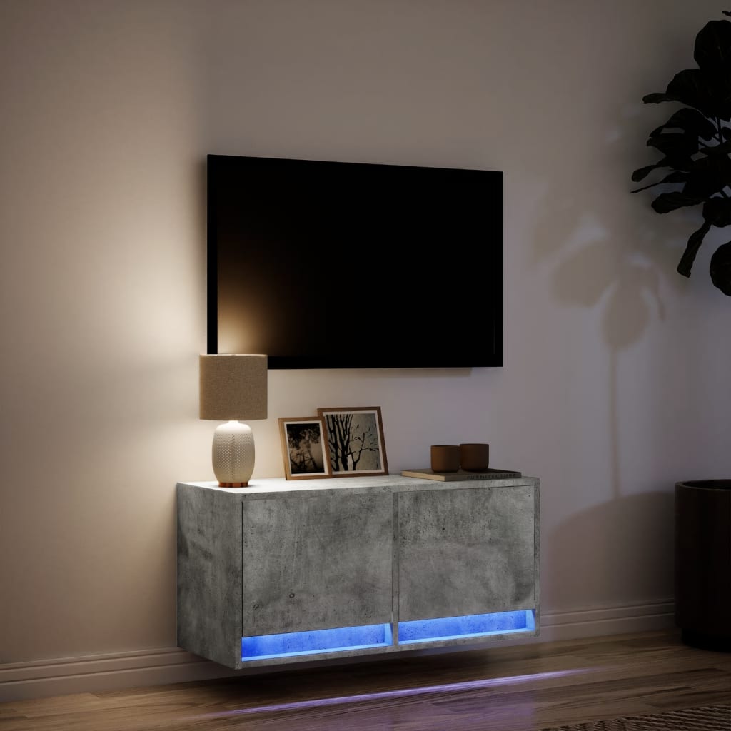 Meuble TV mural avec éclairage LED gris béton 80x31x38 cm