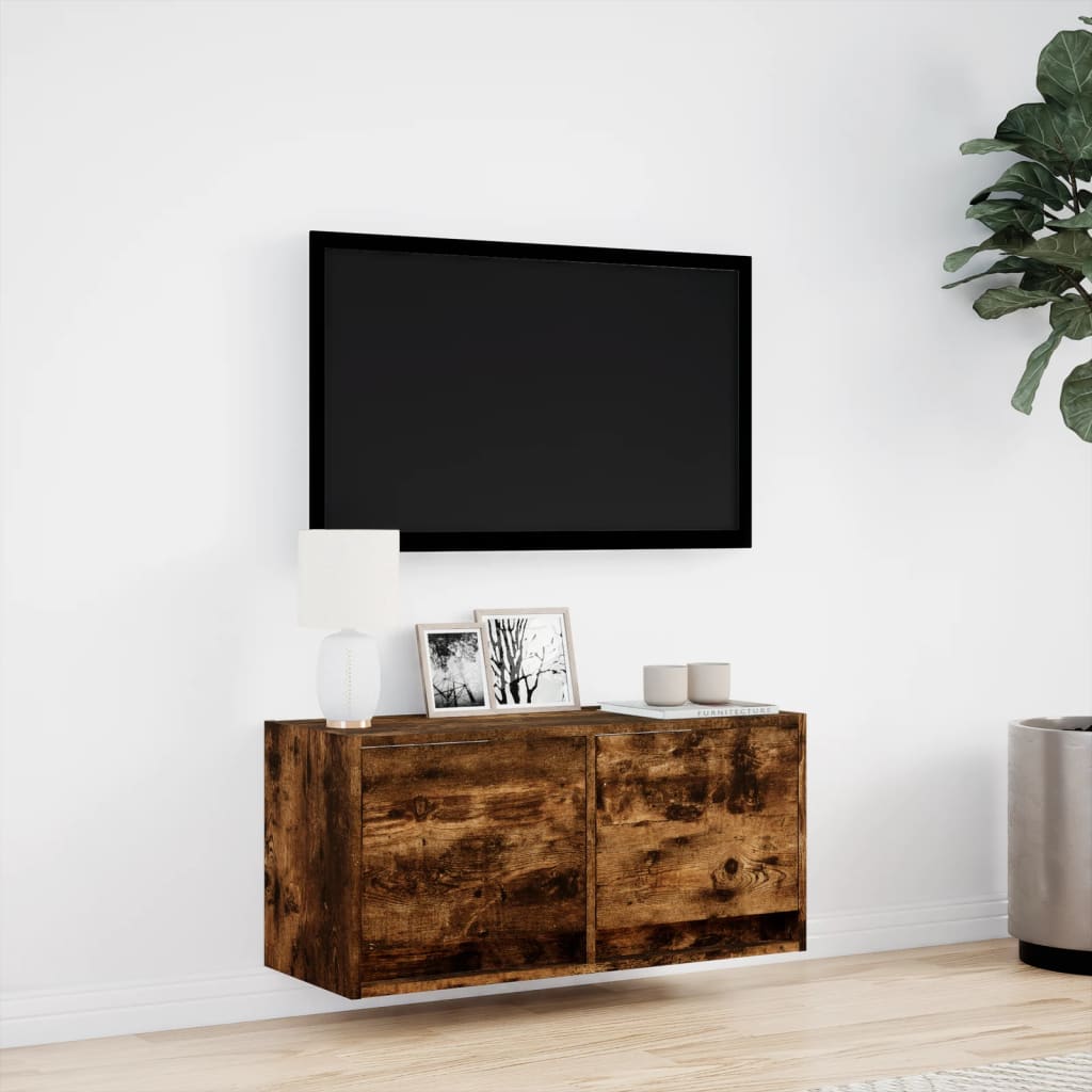 Meuble TV mural avec éclairage LED chêne fumé 80x31x38 cm