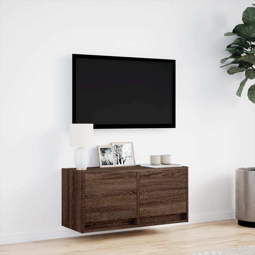 Meuble TV mural avec lumières LED aspect chêne marron 80x31x38 cm