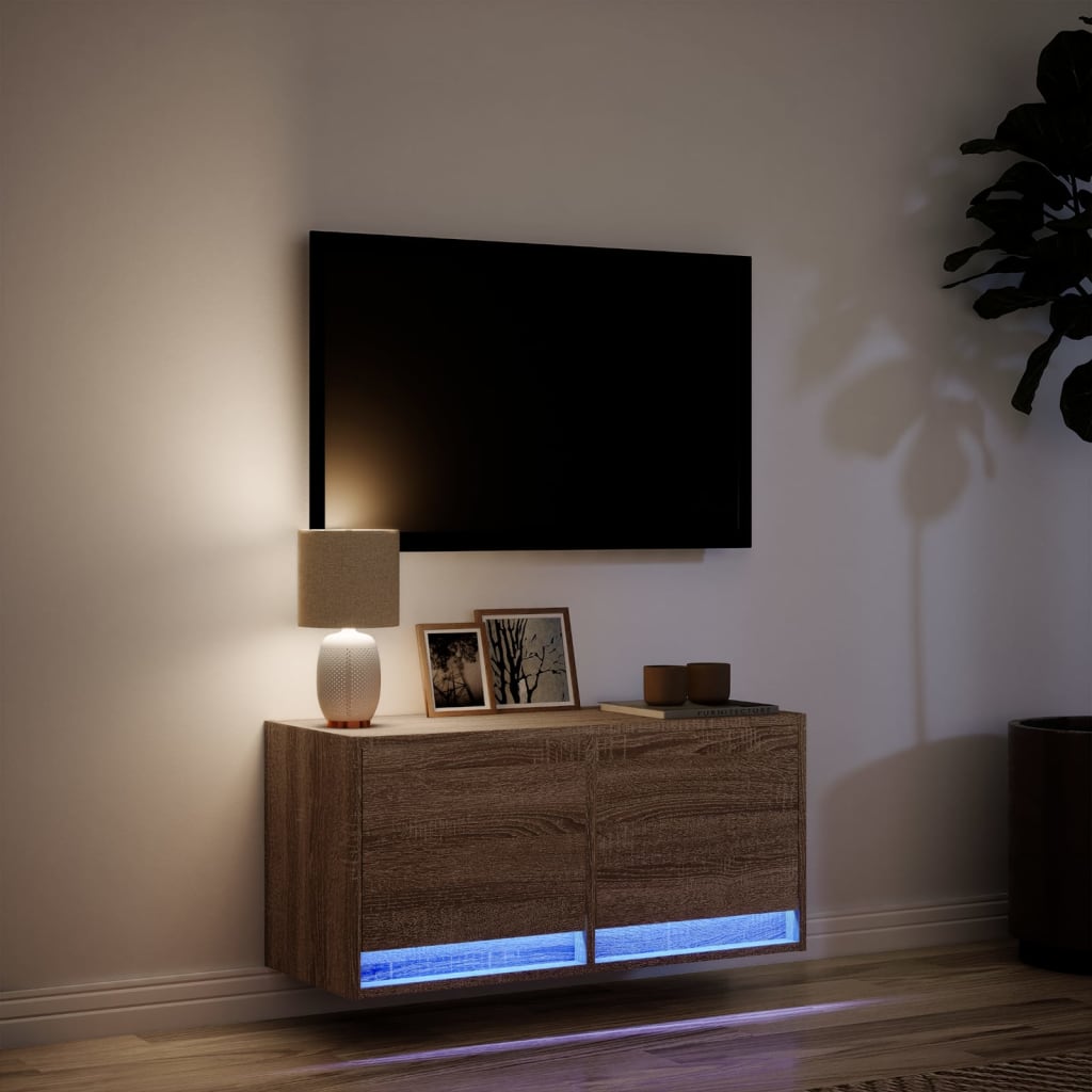 Meuble TV mural avec lumières LED aspect chêne marron 80x31x38 cm