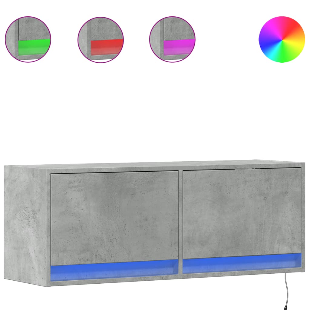 Meuble TV mural avec éclairage LED gris béton 100x31x35 cm