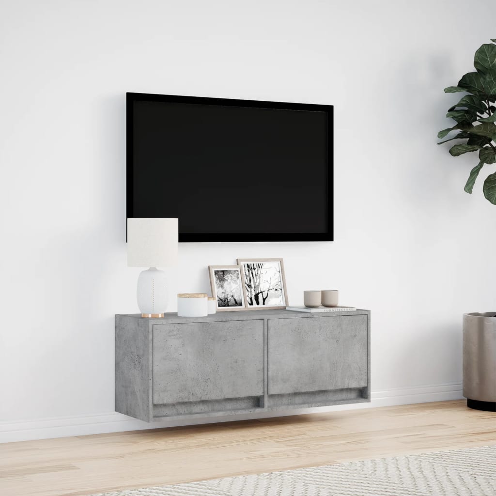 Meuble TV mural avec éclairage LED gris béton 100x31x35 cm