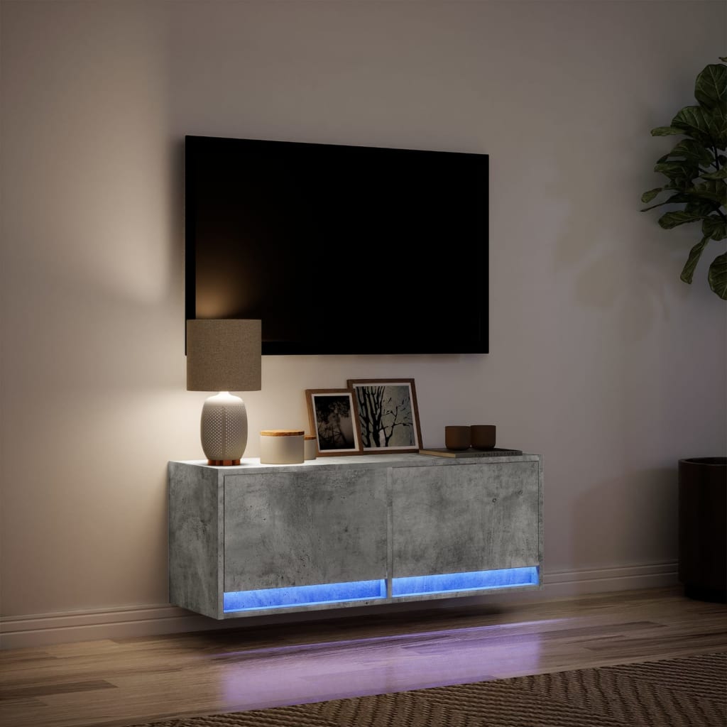 Meuble TV mural avec éclairage LED gris béton 100x31x35 cm