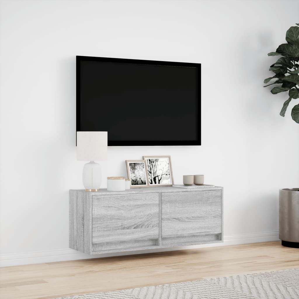 Meuble TV mural avec éclairage LED Gris Sonoma 100x31x35 cm