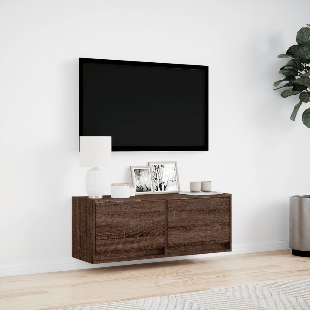 Meuble TV mural avec éclairage LED aspect chêne 100x31x35 cm