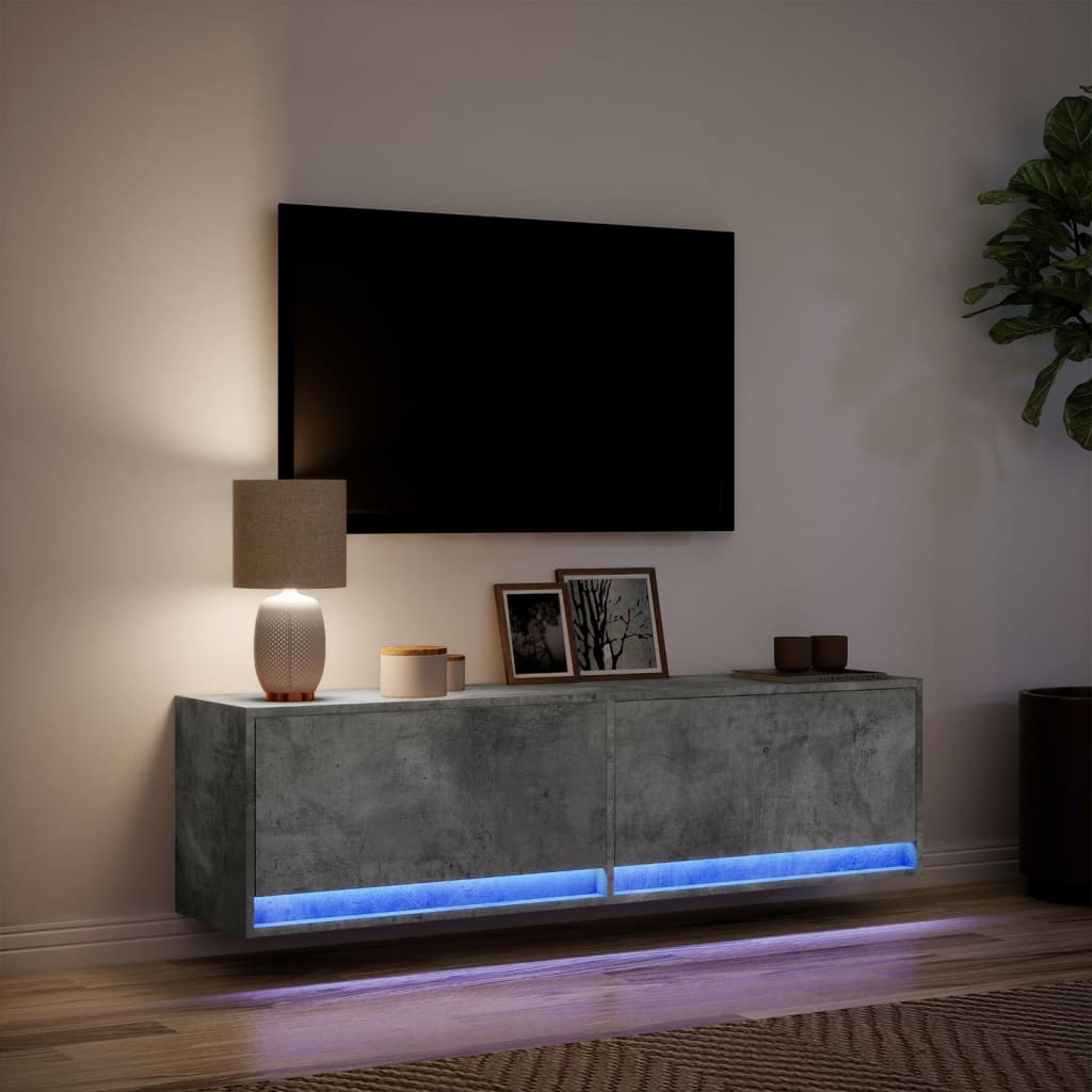 Meuble TV mural avec éclairage LED gris béton 140x31x38 cm