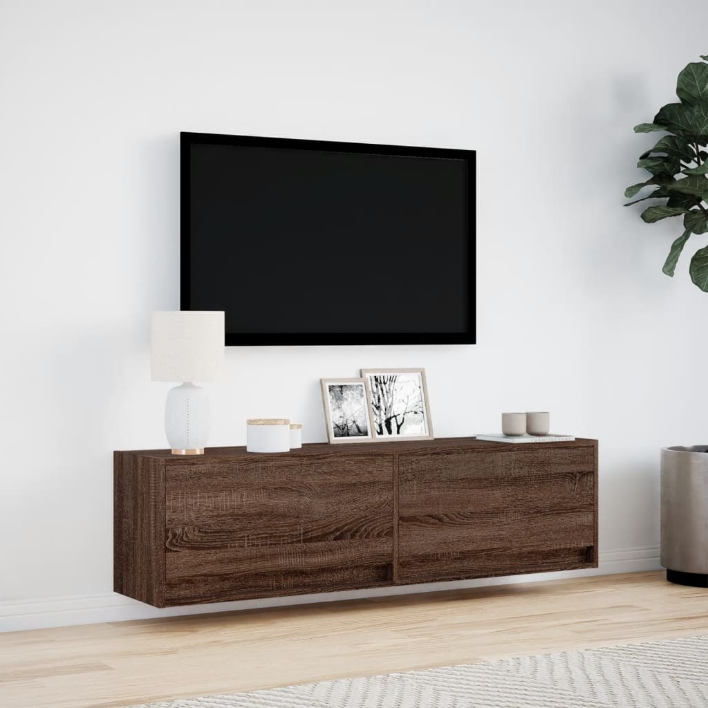 Meuble TV mural avec éclairage LED aspect chêne 140x31x38 cm