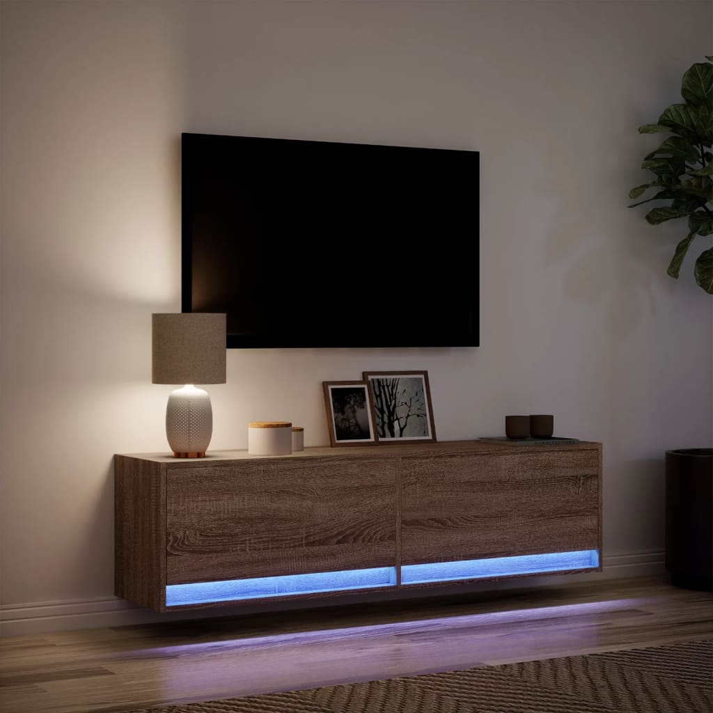 Meuble TV mural avec éclairage LED aspect chêne 140x31x38 cm