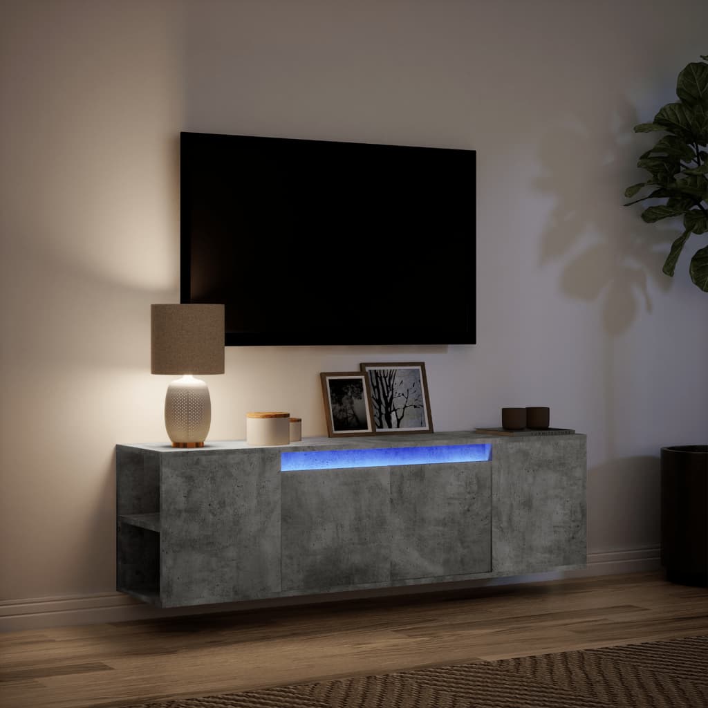 Meuble TV mural avec éclairage LED gris béton 135x31x39,5 cm