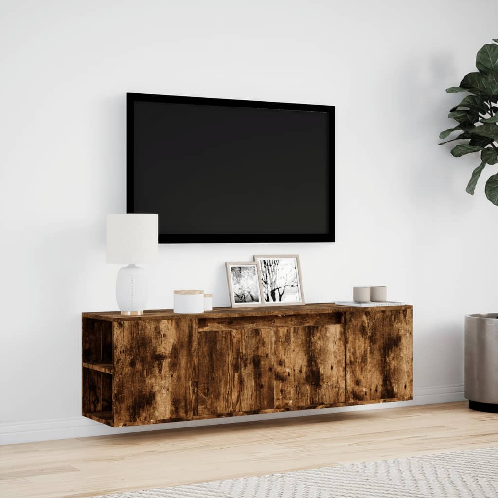 Meuble TV mural avec éclairage LED chêne fumé 135x31x39,5 cm