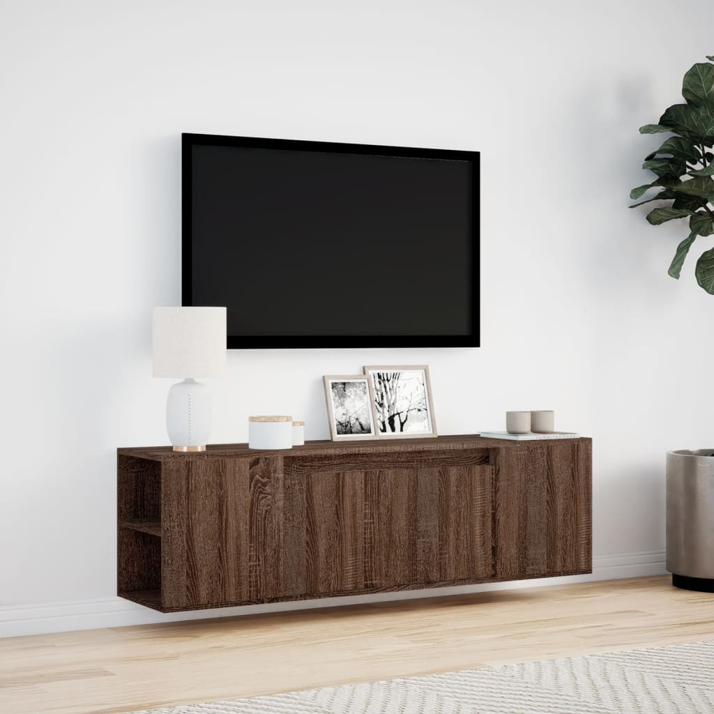 Meuble TV mural avec éclairage LED aspect chêne 135x31x39,5 cm