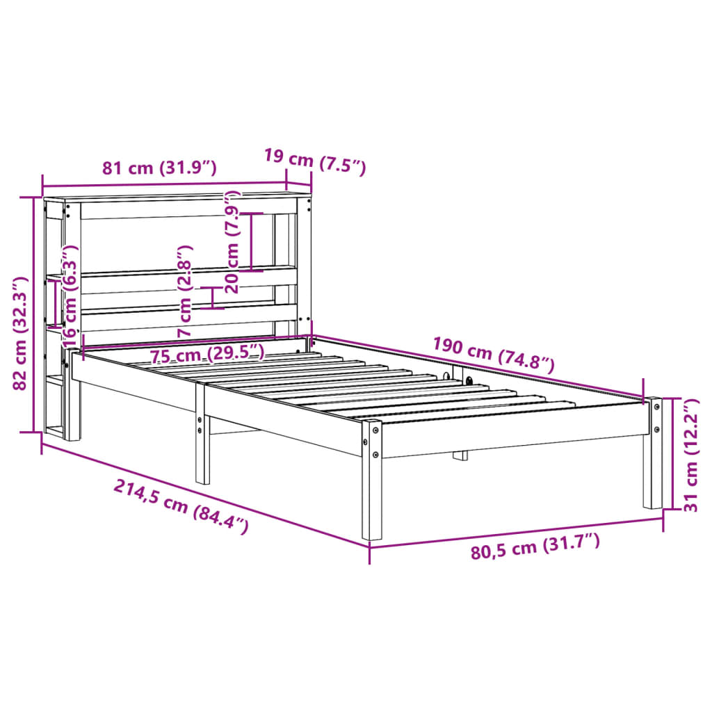 Massivholzbett ohne Matratze 75x190 cm Kiefernholz
