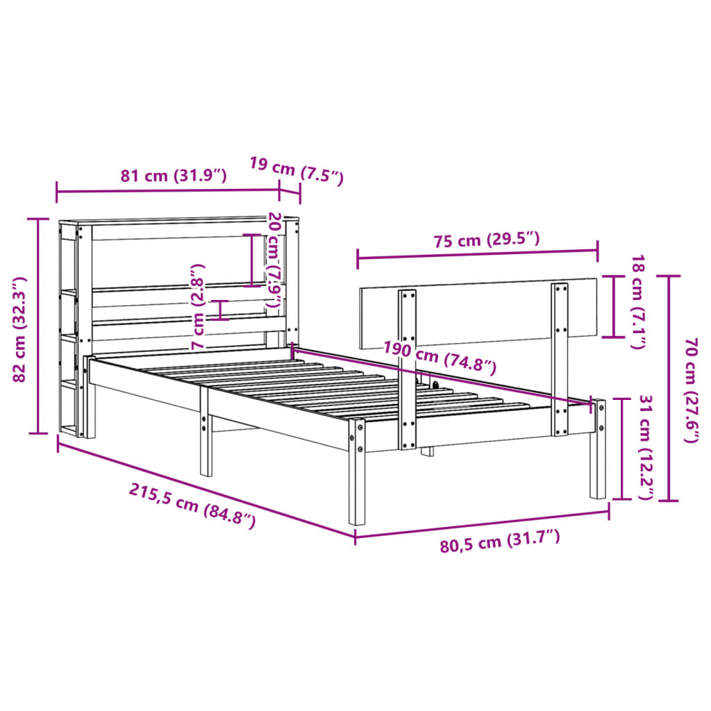 Massivholzbett ohne Matratze Weiß 75x190 cm Kiefernholz