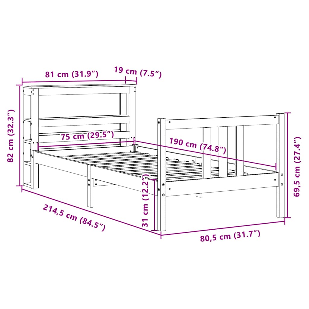Bettgestell mit Kopfteil ohne Matratze 75x190 cm