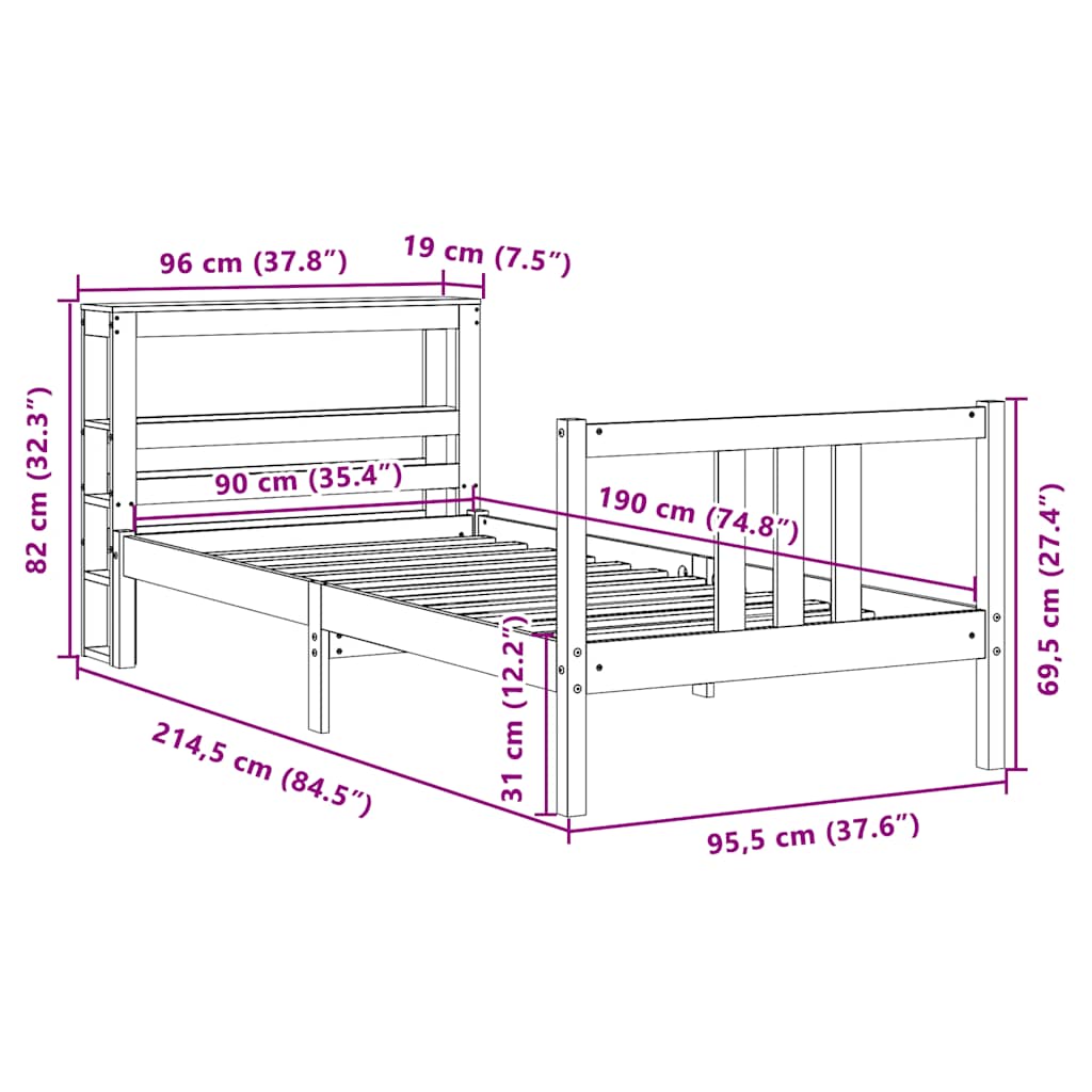 Bettgestell mit Kopfteil ohne Matratze 90x190 cm