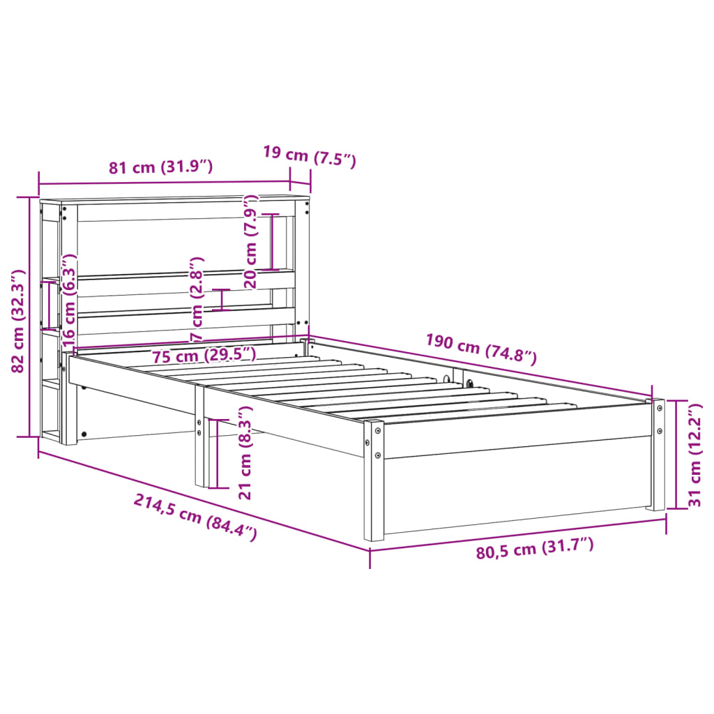 Bettgestell mit Kopfteil ohne Matratze 75x190 cm