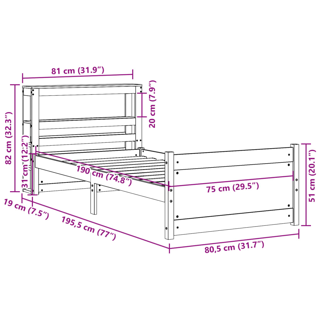 Bettgestell mit Kopfteil ohne Matratze 75x190 cm