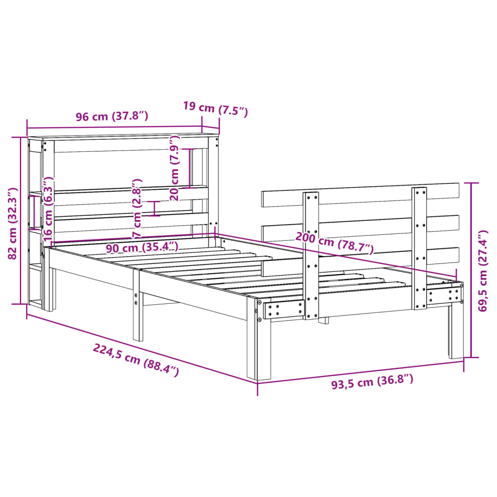 Bettgestell mit Kopfteil ohne Matratze 90x200 cm