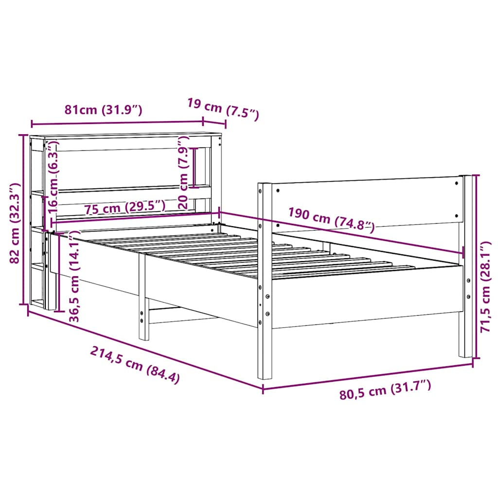 Massivholzbett ohne Matratze 75x190 cm Kiefernholz