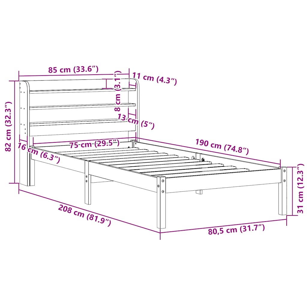 Massivholzbett ohne Matratze Weiß 75x190 cm Kiefernholz