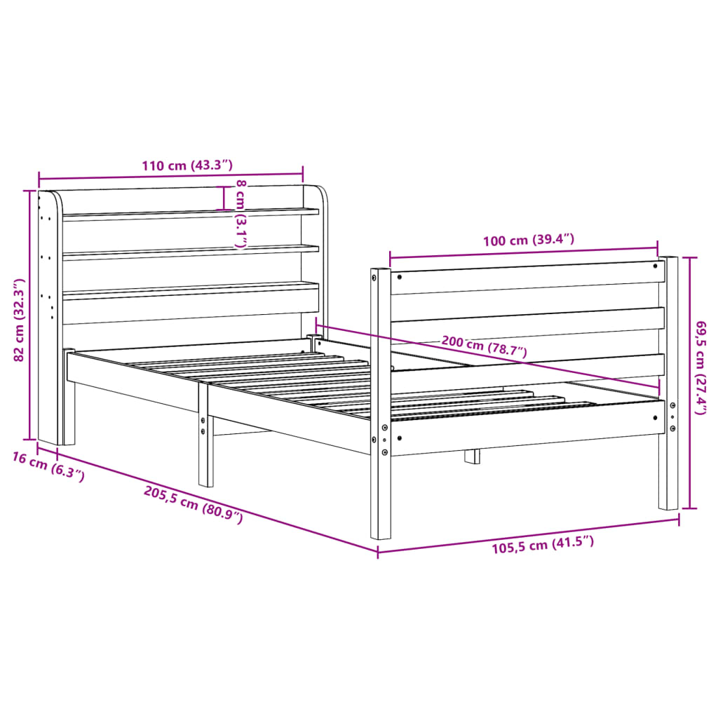 Bettgestell mit Kopfteil ohne Matratze 100x200 cm