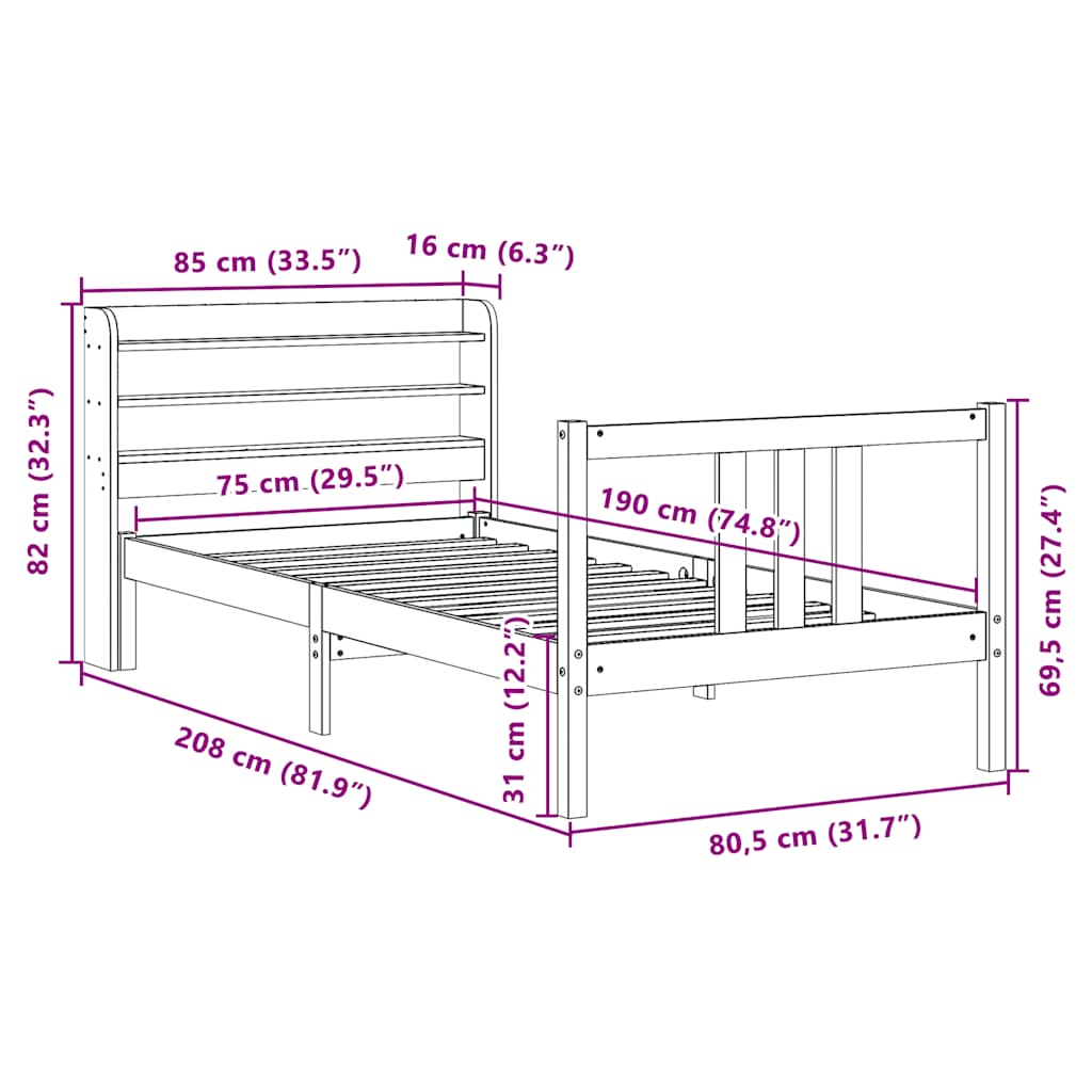 Bettgestell mit Kopfteil ohne Matratze 75x190 cm