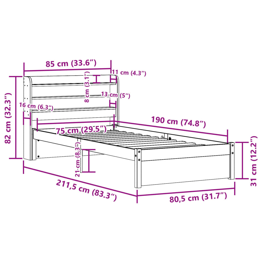 Bettgestell mit Kopfteil ohne Matratze 75x190 cm