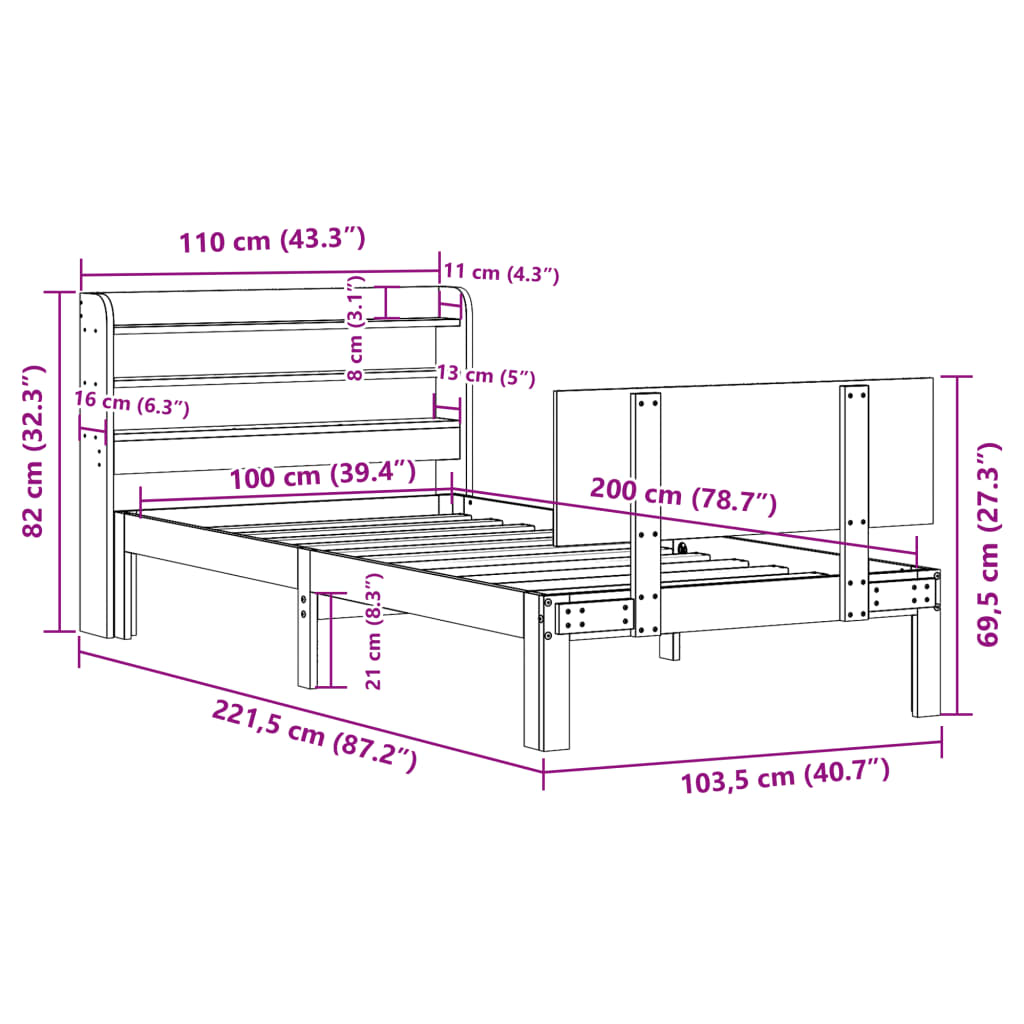Bettgestell mit Kopfteil ohne Matratze Weiß 100x200 cm