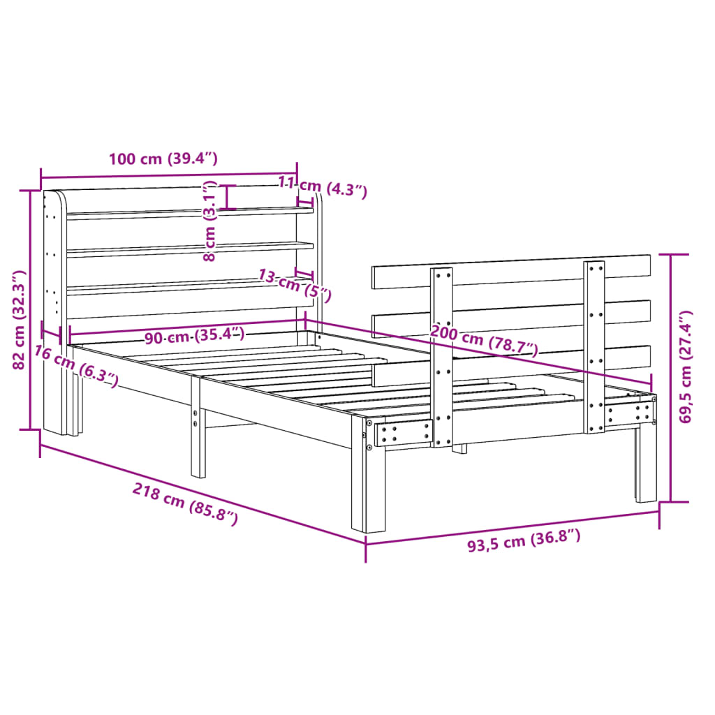Bettgestell mit Kopfteil ohne Matratze 90x200 cm
