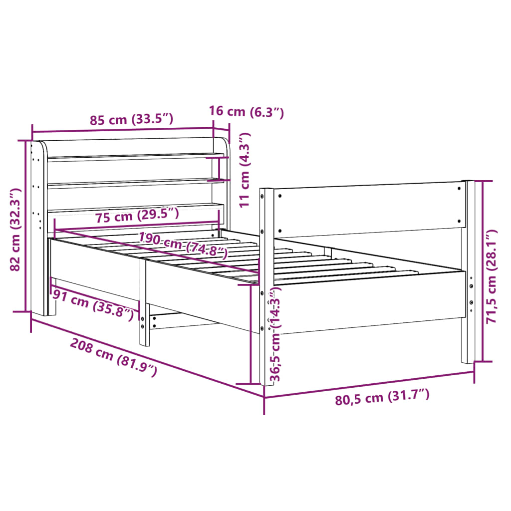 Massivholzbett ohne Matratze Weiß 75x190 cm Kiefernholz