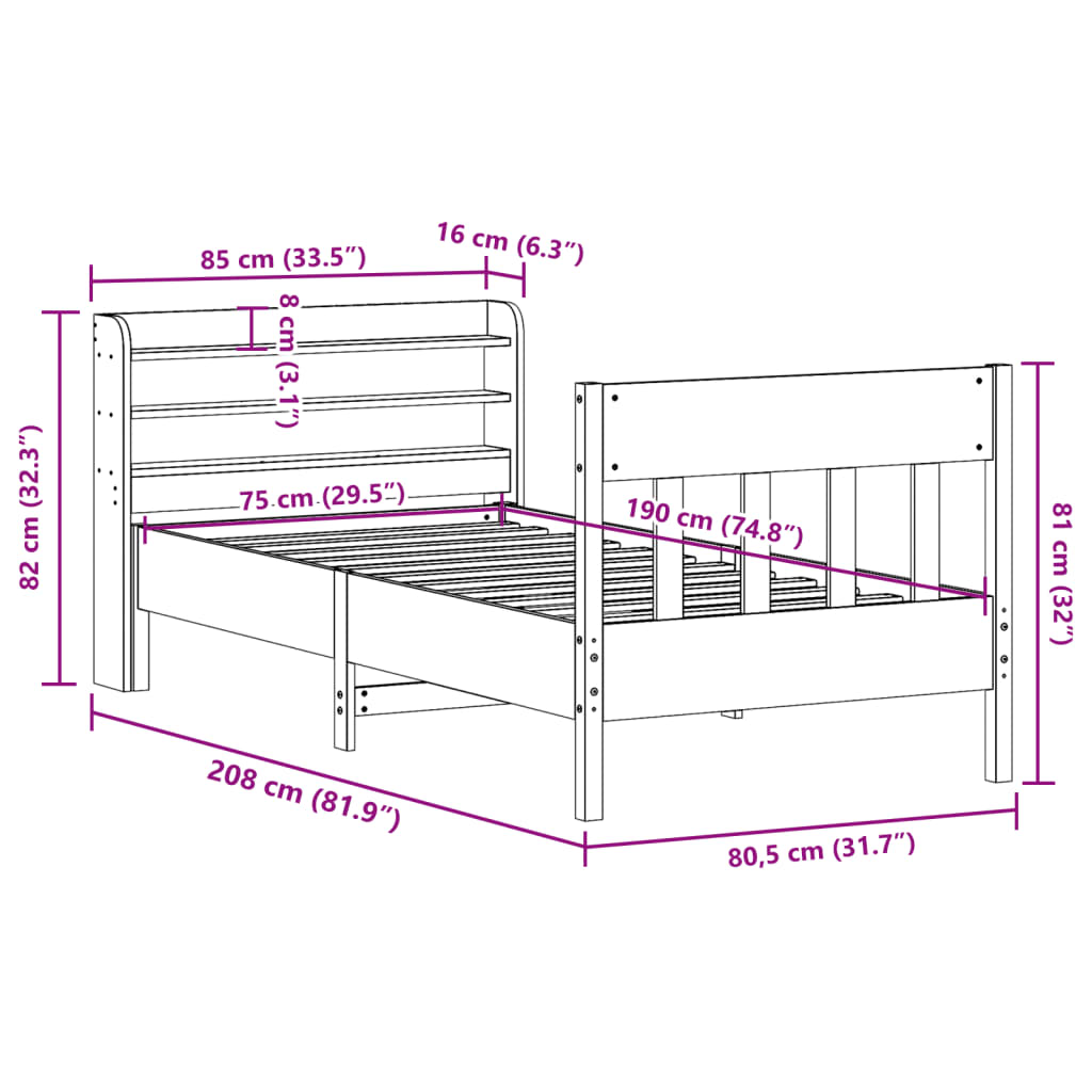 Massivholzbett ohne Matratze 75x190 cm Kiefernholz