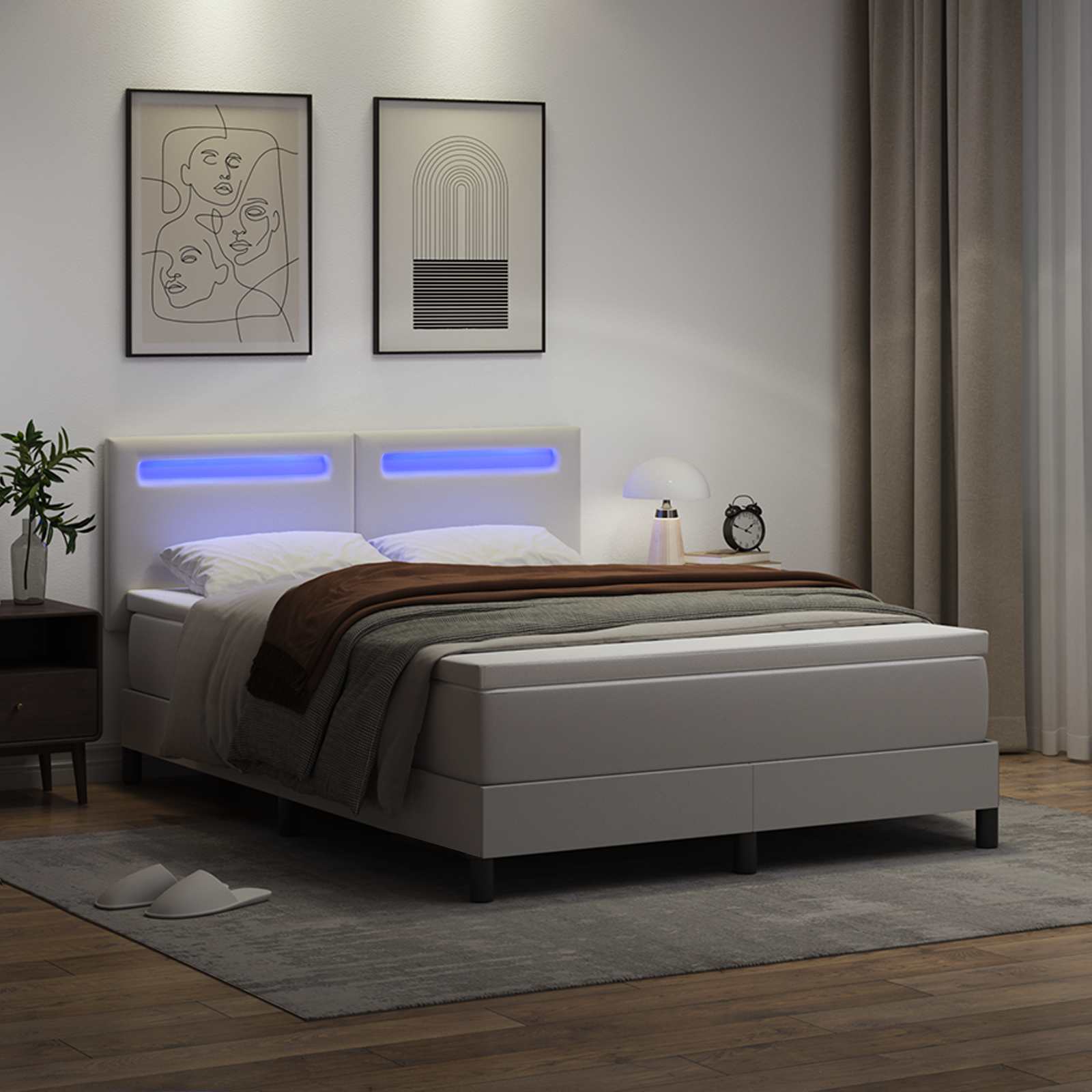 Boxspringbett mit LED-Lichtleisten Weiß 160 x 200 cm Kunstleder